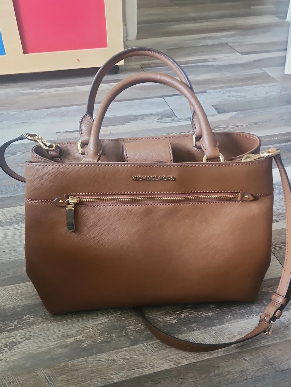 Michael Kors Cognac Leather Satchel with Gold Hardware